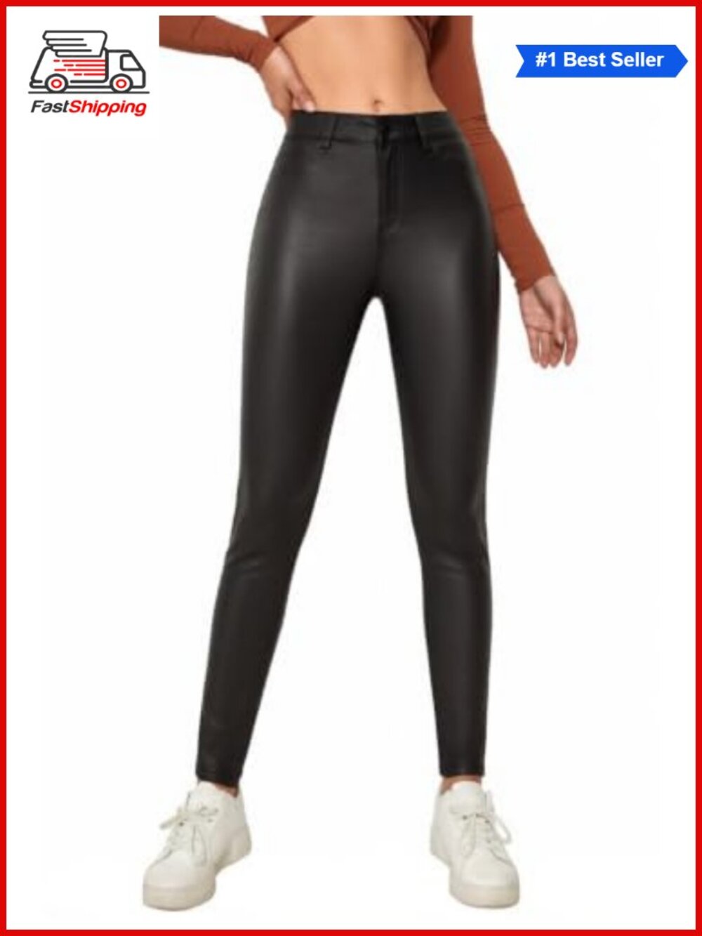 ✨ Faux Leather Stretchy Skinny Jeggings Mid Waisted Pull On Leggings with